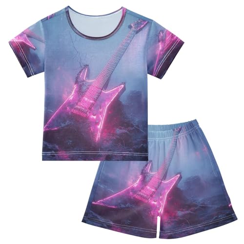 Pajama Sets Short Sleeve Glowing Electric Guitar Artwork Soft Cotton Summer Sleepwear 2 Piece PJS Size 5-14T
