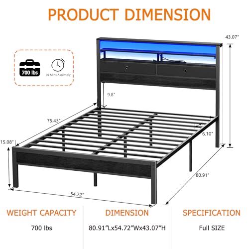 Image of Furnulem Full Size Bed Frame with Headboard & 2 Fabric Drawers, Full Platform Bed Featuring LED Lights, Built-in Charging Station & Storage Shelves, Metal Slats, No Box Spring Needed - Black Oak