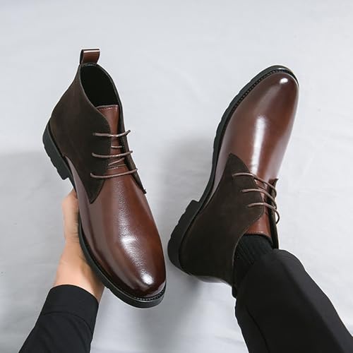 Image of Men'S Splicing Leather Lace Up Low Heel Dress Chukka Ankle Boots Classic Fashion Comfortable Non-Slip Chunky Heel Causal Oxford Booties For Business Work Driving