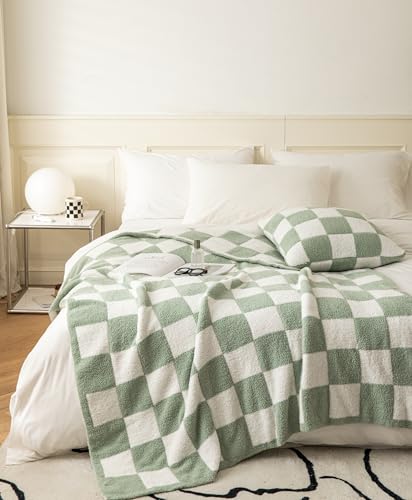 Image of Ultra-Soft Buffalo Checkerboard Grid Fluffy Microfiber Knitted Baby Blanket Super Cozy Lightweight Checkered Bed Blanket for Sofa Couch Bed Matcha 30"X40"¡­