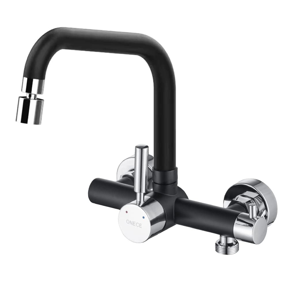 ONECE Grifo Cocina de Pared con 2 Modos, con Interfaz de Lavavajillas/Lavadora 3/4", Mezclador con Rociador de Caño Giratorio, Grifería Monomando Rotación de 360°, Acero Inoxidable 304, Negro
