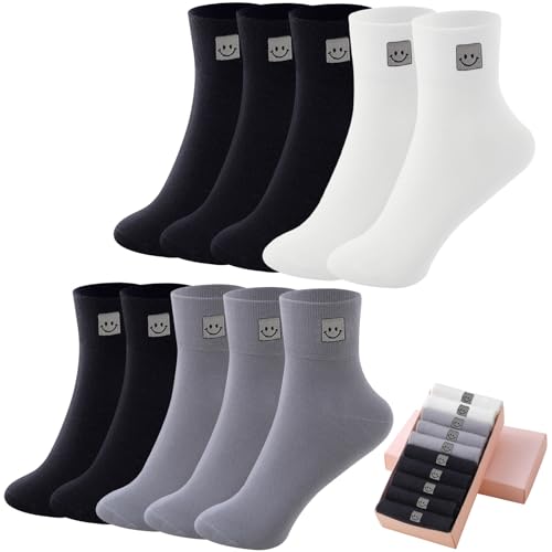 Image of HUGSWEET Cotton Soft Comfy Crew Ankle above Socks for Women Gift 5-10 Pairs | Colorful Casual Cute Funny Smiley Face Quarter Mini Crew Thin Socks, Elastic Lightweight Gifts for Women