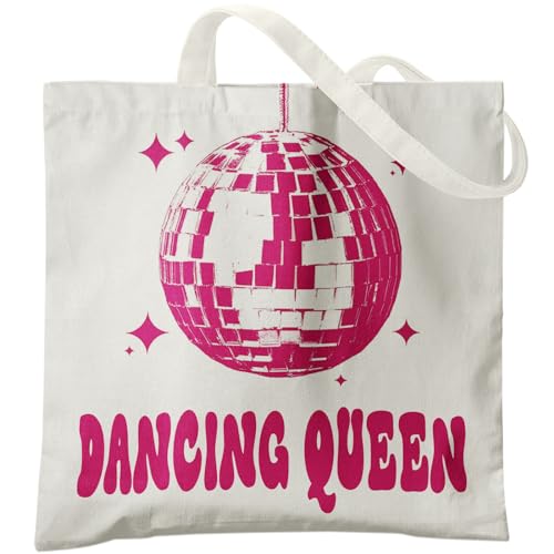 Veqzc Dancing Queen Tote Bag - Hot Pink Disco Ball Canvas Tote for Women Dance Teacher & Lover Gifts Reusable Shopping Bags