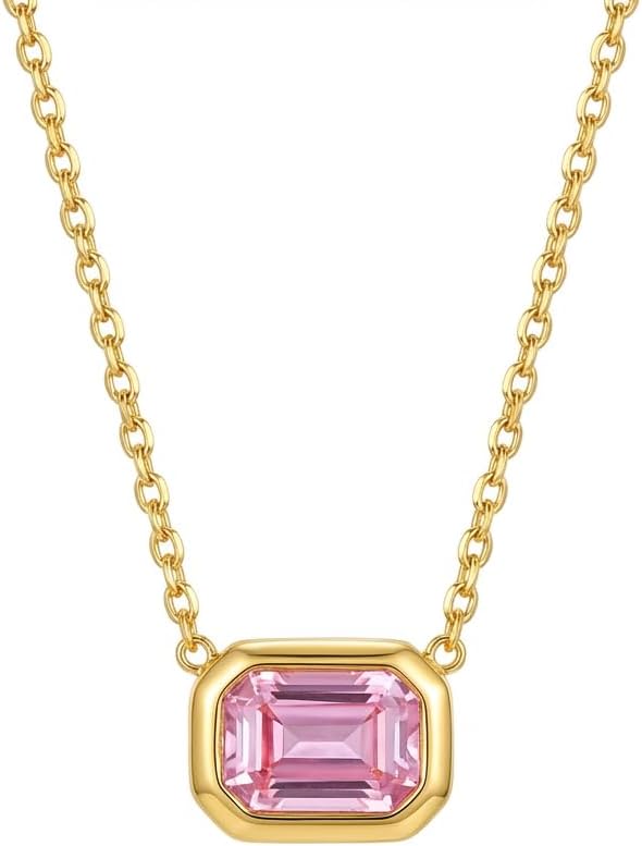 14K Gold Plated Birthstone Necklace for Women, Emerald Cut Pendant on Delicate Paperclip Chain, Dainty Jewelry Gift for Her, Birthday Anniversary Holidays