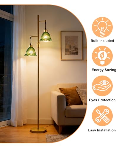 Image of Lightdot 2- Light Gold Flower Floor Lamp for Living Room, 65IN Dimmable Floor Lamps with Green Glass Shade& Warm White Bulbs, Modern Standing Tall Lamp with 5Lbs Heavy Base for Bedroom Home Office