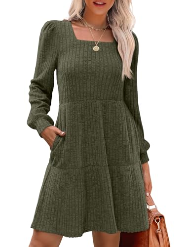 Image of Sampeel Womens Square Neck Long Sleeve Fall Dresses Casual Babydoll Sweater Dress