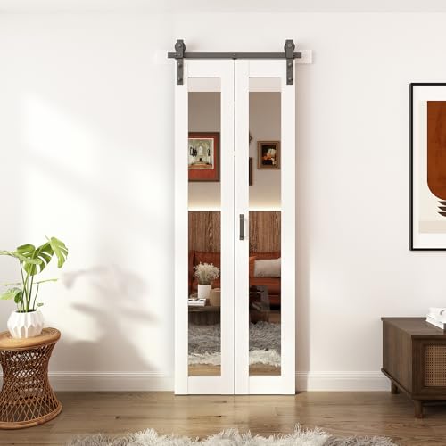 JUBEST Bifold Barn Doors Mirror Closet Door, Bi fold Sliding Barn Doors with Hardware Include, Shatterproof Mirror Door Panels, Hardware kit Include, 30