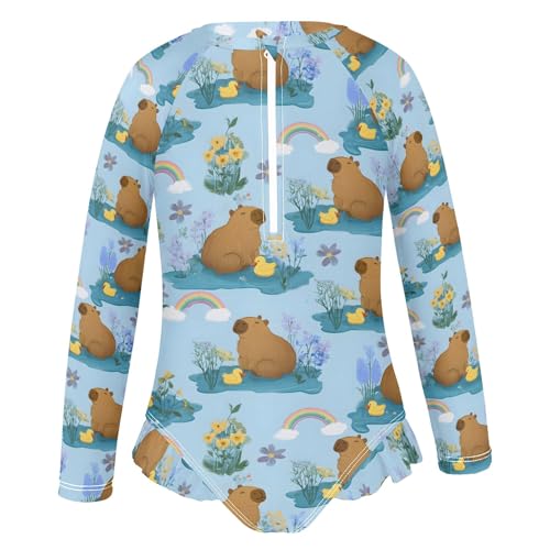 Duck Capybara Pattern Girls Long Sleeve Swimsuit Rash Guard One Piece Bathing Suits Zipper 3-12T2