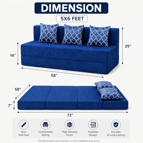 Image of Three Seater Sofa Cum Bed 5x6 Ft with Soft Foam Cushioning, Comfortable Foldable Sofa Bed for Living Room, Bedroom, Guest Room & Office(Blue)