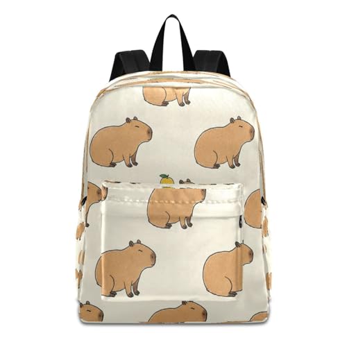 Mochila escolar de capibara naranja y manzanas para libros con bolsillos