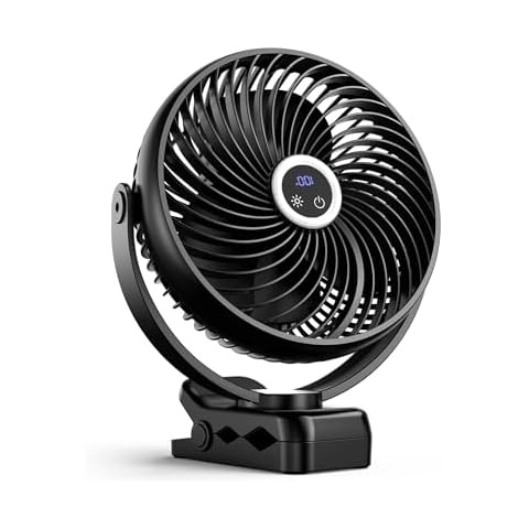 8-Inch Battery Powered Stand Fan with 3 Adjustable Speeds and 360° Rotation, Quiet Design, LED Digital Display and Built-in Hooks for Travel, Camping, Tent, Gym and Treadmill Cover