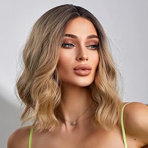 HAIRCUBE Blonde Wigs for Women Bob Shoulder Length Curly Synthetic Wig with Dark Roots Middle Parting Cover