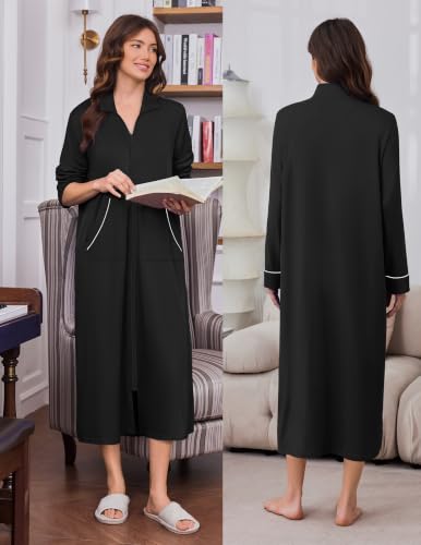 Image of Ekouaer Zipper Robes for Women Long Sleeve Lightweight House Coats with Pockets Zip Up Bathrobe Loungewear S-3XL