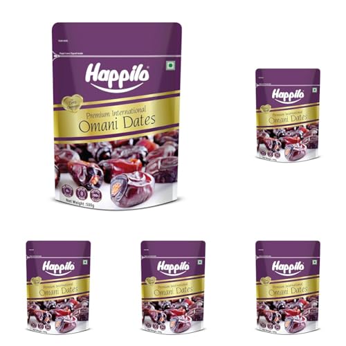 Image of Happilo Premium International Omani Dates 500g | Healthy snacks, Dry fruits, Khajoor, Khajur, Nutritious| Rich in Vitamins & Minerals | Natural Sweetener (Pack of 5)