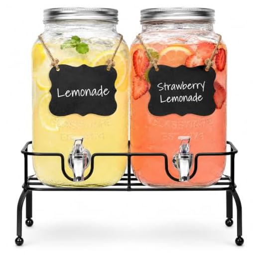 Glass Drink Dispenser for Parties - Set of 2-1 Gallon Glass Jar Beverage Dispensers with Stand, Glass Water Dispenser Countertop for Weddings, Sun Tea Jar, Lemonade & Laundry Detergent Dispenser
