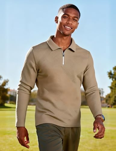 Camiseta Polo Hombre UOUA con Cuello Cuarto de Cierre, Manga Larga, Tela Texturizada para Verano Casual y Negocios miniatura 5