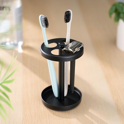 Black Stainless Toothbrush Holder Stand: Rustproof Bathroom Countertop Organizer 4 Ventilated Slots Hold Manual Toothbrushes Razor
