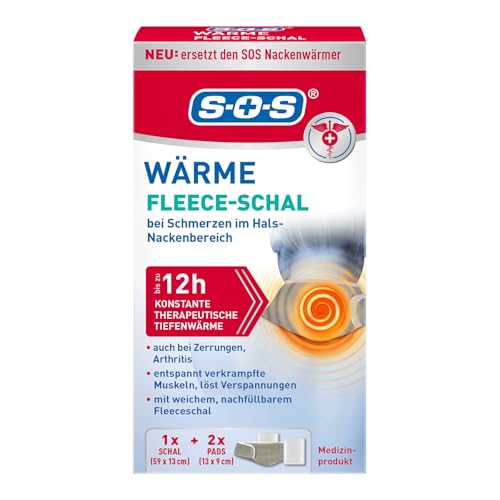 SOS Wärme Fleece-Schal inkl. 2 Wärmepads bis zu 12 Stunden konstante Wärme waschbar & größenverstellbar weicher Fleeceschal mit Tasche für Wärmepads ideal für Nacken & Schultern