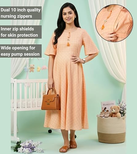 Image of DUMMY SHAPE Feeding Nighty | Maternity Dresses for Women Cotton Blend | Floral Pink Anarkali Kurta with Dual Nursing Zippers for Pregnancy & Breastfeeding | Gifts for Pregnant Women (