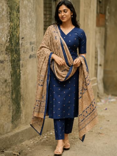 Image of GoSriKi Kurta Set Women Viscose Printed | Kurti Set Woman | Kurta Pant Dupatta 3 Piece Outfit | V-Neck Elbow Length Sleeve Straight Fit Ethnic Wear Ladies Dress Stylish Traditional Clothing
