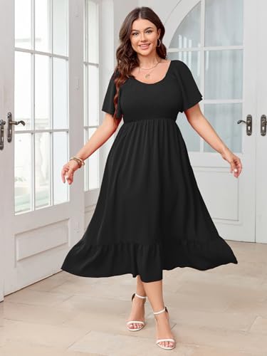 Image of SCOMCHIC Women's Plus Size Summer Dress Casual Short Sleeve Scoop Neck Maxi Dress Smocked Ruffle Boho Flowy Long Dresses