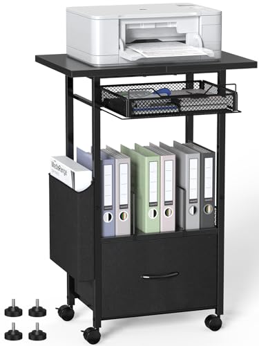 Mobile 3-Tier Printer Stand with 2-Drawer File Cabinet, 24 Extended Desktop & Lockable Wheels,...
