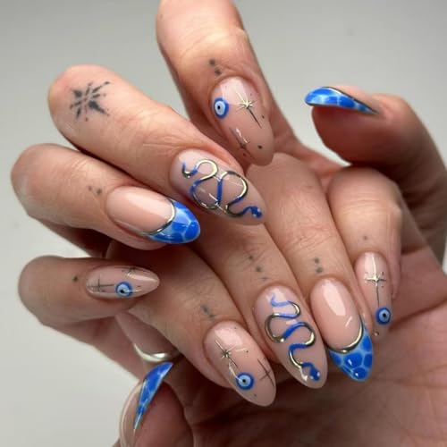 Image of Snake Press on Nails Medium Almond Fake Nails Blue French Tip False Nail with Silver Line Design Star Glue on Nails Artificial Acrylic Nail Full Cover Nude Stick on Nail for Women Manicure 24Pcs