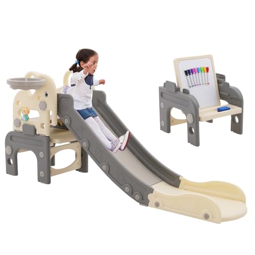 Tobogán Infantil, 6 en 1 Multifuncional tobogán para niños, 140 cm Elefante de plástico tobogán Slide con música, aro de Baloncesto, anillost