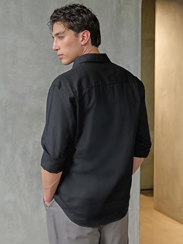 Image of Bewakoof Mens Solid Regular Fit Full Sleeve Collar Cotton Linen Blend Shirt