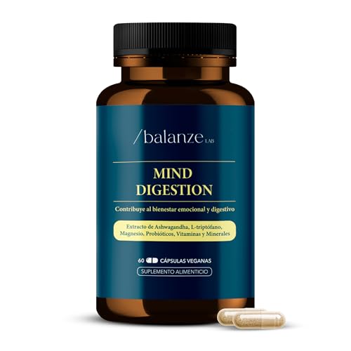MIND DIGESTION Ashwagandha Sensoril® con Magnesio, Triptófano, Vitamina B12, Zinc y Probióticos - Apoyo al Estrés y Ansiedad - Bienestar Emocional - Mejora la calidad del sueño - 60 Cápsulas veganas