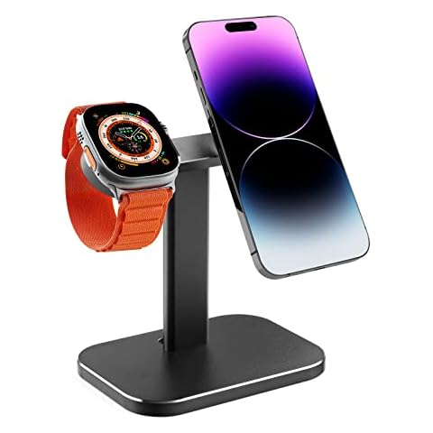 Adjustable Stand for MagSafe Charger/Apple Watch, Aluminium Phone Holder for iPhone 14 Plus 13 12 Pro/Pro Max/Mini and Apple Watch Series SE Ultra (Charger Not Included) (Black) Cover