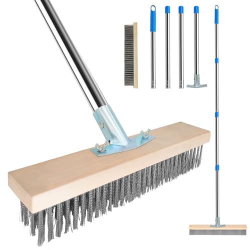 Balai Brosse Métallique Extérieur avec Manche Télescopique - Balai de Terrasse Puissant pour Enlever Saletés, Feuilles Mortes, Idéal Jardin, Allée,...