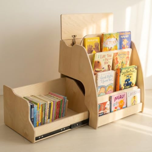 dannico Montessori Bookshelf for Toddlers - Kids Front Facing Book Shelf with Hidden Drawer - Wooden Bookcase, Top Toy Storage Compartment (Right Sided Drawer)