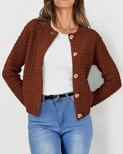 PRETTYGARDEN Women's Knit Cardigan Sweaters Casual Long Sleeve Open Front Button Down Trendy Jackets Outerwear (Caramel,Small)