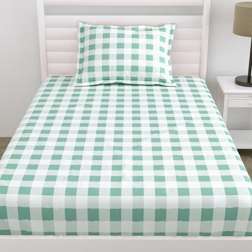 Image of Haus & Kinder 186 TC Bed Wrinkle-Free Glace Cotton Bedsheet with 1 Pillow Cover for Kids Room, Cottage Core Design - 88 x 57 Inches, Mint