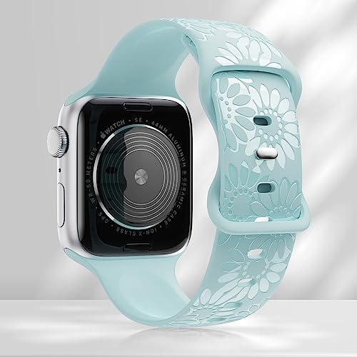 Image of Sunflower Engraved Band Compatible with Apple Watch Bands 38mm 40mm 41mm 42mm 44mm 45mm 49mm Women, Designer Soft Glossy Floral Silicone Strap for iWatch Series Ultra 11 10 9 8 7 6 SE 5 4 3 2 1