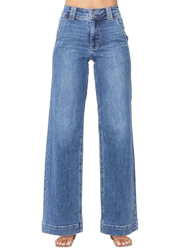 Astylish Women's Pants Wide Leg Jeans Woman Tummy High Waist Double Button Bootcut Trousers Stretchy Vintage Denim Jean Pants with Slanted Pockets Size 18 Sky Blue