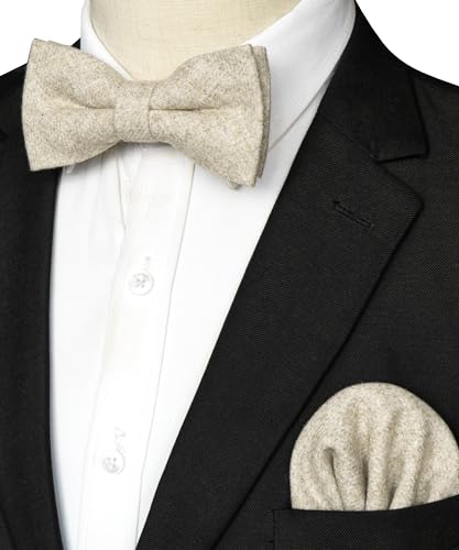 JEMYGINS Fliege Herren Beige in Wolle Kaschmir Einfarbig Filz Geeignet für Herbst und Winter und Einstecktuch Sets(3)