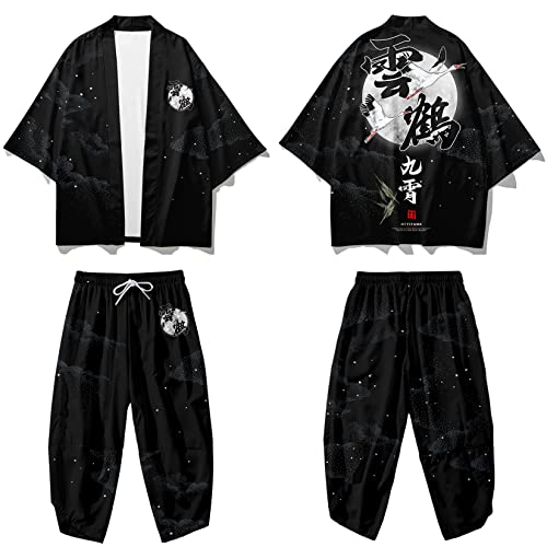 Image of DOSLAVIDA Men's Japanese Kimono Cardigan Suit Chinese Style Printed Jacket Pants Set Open Front Seven Sleeve Top & Shorts