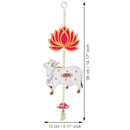 eCraftIndia Lotus, Cow, Pink Tassel Style Shubh Labh Hanging for Diwali Ganesh Chaturthi Navratri Decoration| Floral Wall Hangings for Home Temple Main Door Entrance|Diwali Decoration Items| Pack of 5