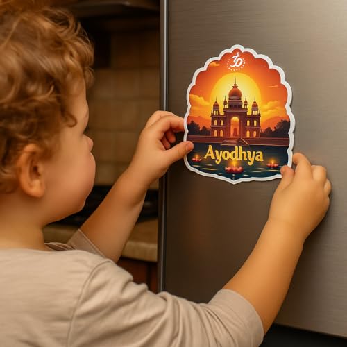 Image of Naxon Ayodhya Theme Souvenir Wooden Refrigerator Stylish Fridge Magnet - Shri Ram Mandir Travel Collectible Gift | Fridge Decoration Magnet for Kitchen & Home Decor | Size 3x3 Inches | Pack of 1