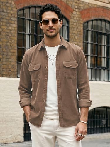 Image of Urbano Fashion Men's Corduroy Full Sleeve Regular Fit Solid Overshirt with Utility Pockets