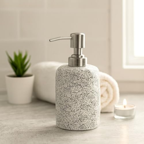 Image of Ceramic Soap Dispenser 330ml (Set of 1) | Multipurpose Lotion & Hand Wash Pump Bottle for Bathroom & Kitchen | White & Black Dotted Hexagon