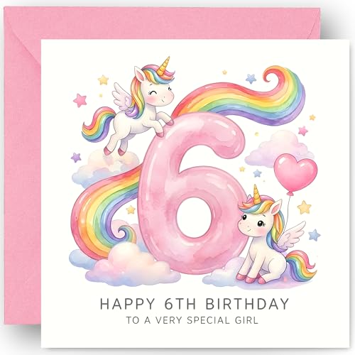 6th Birthday Card for Girls - Six Today 6 Years Old Rainbow Unicorns Design - Happy Sixth Birthday Card for Granddaughter Niece Daughter - Includes Pink Envelope 14cm
