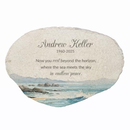Beach Memorial with Waves Flat Garden Stone - Thoughtful Tribute Stone for Loved Ones - 7.88 Inch Decorative Stone for Graves or Gardens
