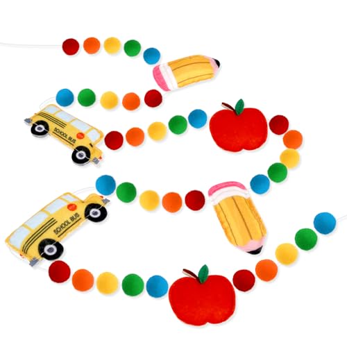 Arosche Back to School Decorations 7.5 Ft Felt Pompom Banner Pencil Apples School Bus Felt Ball Pre-Assembled Hanging Banner Welcome Back to School Garland for Classroom, Mantle, Wall, Party Supplies