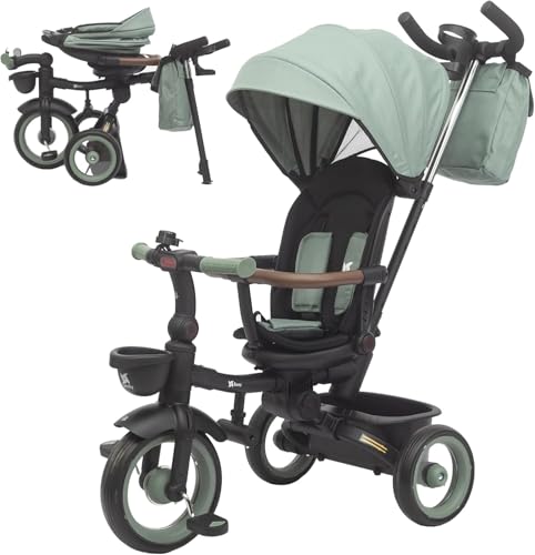 Twinly Triciclo Evolutivo Bebé Plegable 1-5 Años con Asiento Reclinable y Reversible – Acompaña el crecimiento del bebé, Freno y cinturón seguro de 5 puntos y barra de protección SAMI (Dark Green)