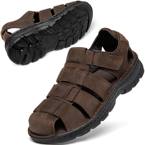 Image of KOIMED Men's Hiking Leather Sandals Closed Toe Water Shoes For Summer Athletic Outdoor Walking Sports Trail River Fishing Wide Adjustable Waterproof Arch Support
