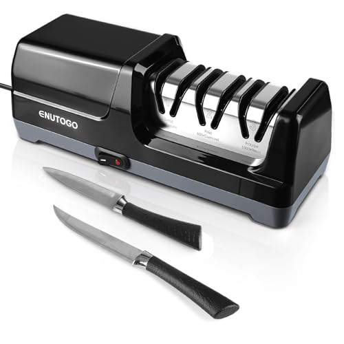 Image of Enutogo Knife Sharpener, Professional 3-Stage Electric Knife Sharpener for Kitchen Knives, 100% Diamond Abrasive for 20 Precision Angle Guide, Quickly Sharpening and Polish Blades