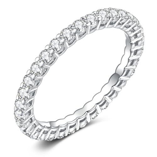 14K White Gold 2mm Eternity Rings for Women, Simulated Diamond Wedding Bands for Anniversary Size 5-9